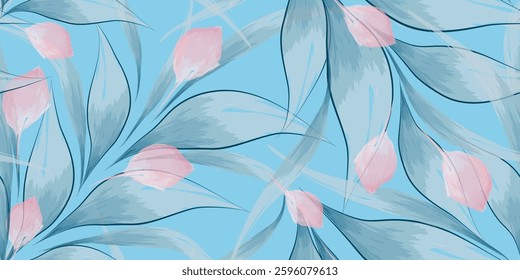 Minimal contemporary botanical floral branch seamless pattern. Hand-drawn flower and leaf shape with watercolor textures. Vector illustration