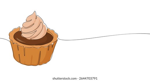 Ilustração de arte de linha contínua mínima de um cupcake ou tarte com cobertura de creme, ideal para conceitos de padaria, sobremesa ou design de alimentos doces.
