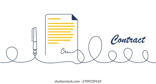 Minimal continuous line art illustration of a contract document with signature and fountain pen, representing agreement, legal paperwork, and business signing