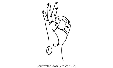 Ilustración de arte lineal continuo mínimo de la mano humana haciendo gesto ok, moderno dibujo de contorno abstracto para diseño y marca