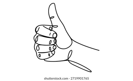 Ilustración de arte lineal continuo mínimo de la mano humana que muestra el gesto de los pulgares hacia arriba, el contorno abstracto símbolo de Aprobación, éxito y Comentarios positivo