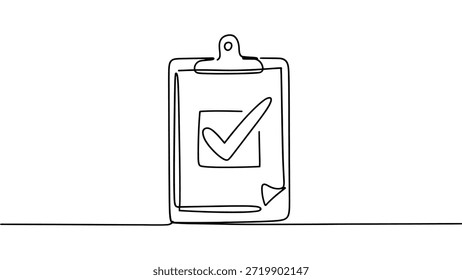 Ilustración de arte lineal continuo mínimo de Portapapeles con marca de verificación, concepto de lista de comprobación de esquema abstracto para la Aprobación, finalización de tareas, auditoría y flujo de trabajo comercial