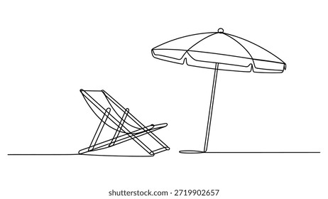 Ilustração de arte de linha contínua mínima de cadeira de praia e guarda-chuva, simples esboço de férias de verão conceito para à beira-mar отдых, viagens e design de lazer