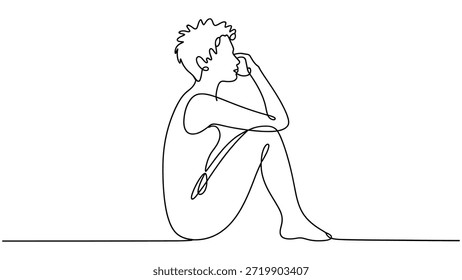 Ilustración de arte lineal continuo mínimo de una persona reflexiva sentada sola, concepto de contorno abstracto de soledad, atención plena, salud mental y autorreflexión
