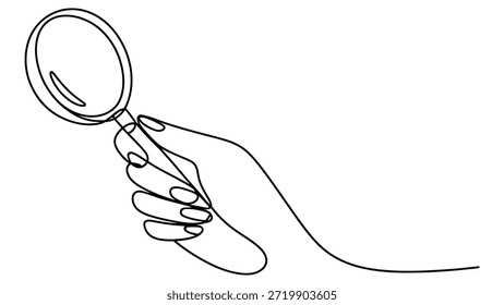 Ilustración de arte lineal continuo mínimo de la mano que sostiene la lupa, búsqueda de contorno abstracto y concepto de investigación para la investigación, el análisis y el descubrimiento