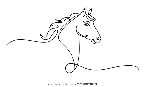 Ilustración de arte lineal continuo mínimo de cabeza de caballo, elegante retrato de animal de contorno que simboliza la libertad, la fuerza, la gracia y la belleza natural