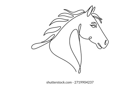 Ilustración de arte lineal continuo mínimo de elegante perfil de cabeza de caballo, símbolo animal de contorno abstracto que representa la libertad, la fuerza, el movimiento y la gracia
