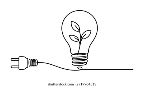 Ilustración de arte lineal continuo mínimo de bombilla ecológica con planta y enchufe, concepto de contorno abstracto de energía verde, sostenibilidad e innovación