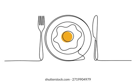 Ilustración de arte lineal continua mínima de huevo frito en plato con tenedor y cuchillo, concepto de comida de desayuno de contorno simple para café, menú y diseño de estilo de vida