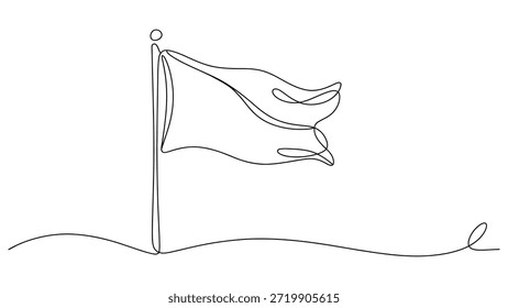 Ilustración de arte lineal continuo mínimo de la bandera en el poste que ondea en el viento, símbolo abstracto del contorno de la libertad, la victoria, el logro y el concepto de liderazgo