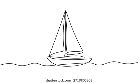 Ilustración de arte lineal continuo mínimo de velero en el agua, contorno abstracto de navegación y concepto de viaje que simboliza la libertad, el viaje y la aventura