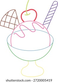 Minimale durchgehende Linie Kunst Illustration eines Eisbeutels in einer Glasschale mit Sirup, Kirschbezug, Wafer und Waferstick. Farbenfrohe Umrissgestaltung, die Dessert, Süßspeisen, Eisdielen, Café-Menüs und sommerliche Leckerbissen repräsentiert. Sauberer moderner Vektorstil einzeln auf weißem Hintergrund, geeignet für Symbole, Lebensmittelmarken, Menüs, Verpackungen, Poster, Apps und UI-Design.