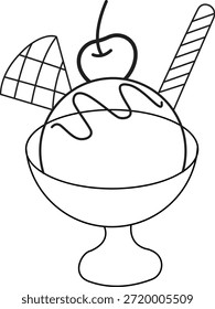 Minimale durchgehende Linie Kunst Illustration eines Eisbeutels in einer Glasschale mit Sirup, Kirschbezug, Wafer und Waferstick. Farbenfrohe Umrissgestaltung, die Dessert, Süßspeisen, Eisdielen, Café-Menüs und sommerliche Leckerbissen repräsentiert. Sauberer moderner Vektorstil einzeln auf weißem Hintergrund, geeignet für Symbole, Lebensmittelmarken, Menüs, Verpackungen, Poster, Apps und UI-Design.