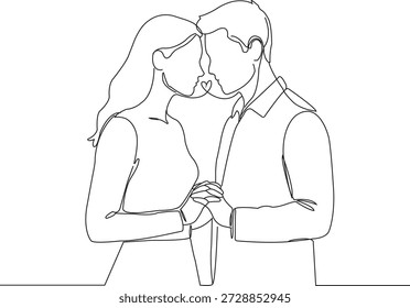 Minimal continuous line art illustration of a romantic couple holding hands. Elegant black and white outline drawing suitable for love, relationship, wedding, valentine theme designs, posters, greeting cards, invitations and social media graphics.