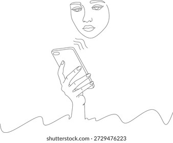 Ilustração de arte de linha contínua mínima de uma mulher segurando um smartphone