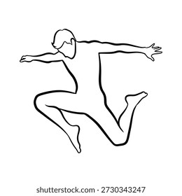 Ilustración de arte lineal continuo mínimo de una figura humana saltando con los brazos bien abiertos, expresando libertad, energía, movimiento y alegría en un estilo de contorno limpio en blanco y negro.