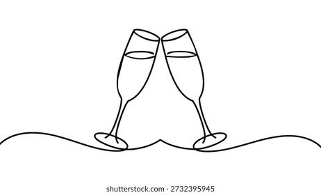 minimal continuous line art illustration of clinking champagne glasses symbolizing celebration romance and special moments