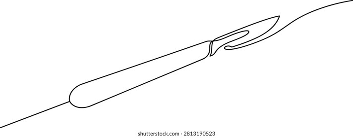 Minimal continuous line art illustration of a surgical scalpel isolated on a white background. Ideal for healthcare, surgery, medical education, hospital materials, clinical presentations, icons, and professional vector design projects.
