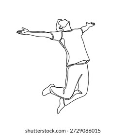 Minimal continuous line art of a jumping man expressing freedom, joy, and positive energy on a clean white background.