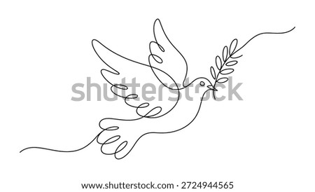 minimal continuous line drawing of dove holding olive branch isolated on white background, simple black line art illustration for peace and hope concept