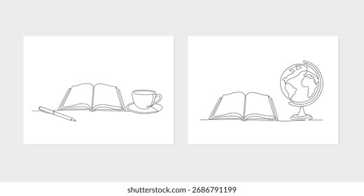 Minimal continuous line drawing of education and learning symbols