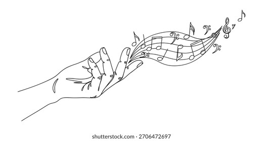 Dibujo de línea continuo mínimo de una mano que lanza notas musicales: ilustración de arte musical de una línea para diseño creativo y artístico.