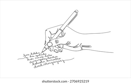 Dibujo de línea continuo mínimo de una mano que sostiene un bolígrafo y escribe, simbolizando notas, estudio, diario o aprendizaje en un estilo de contorno artístico simple.