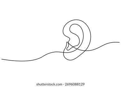Mínimo desenho de linha contínua de um ouvido humano sobre um fundo branco, perfeito para a arte moderna e conceitos de design