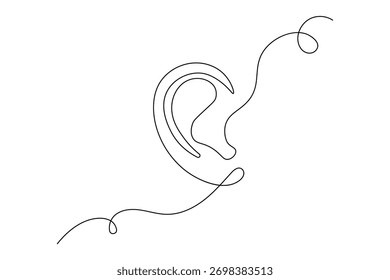 Dibujo de línea continuo mínimo de una oreja humana sobre un fondo blanco, perfecto para el arte o el diseño moderno.