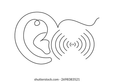 Dibujo de línea continuo mínimo de una oreja humana sobre un fondo blanco, perfecto para el arte o el diseño moderno.