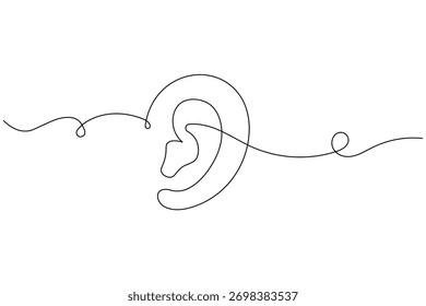 Minimal continuous line drawing of a human ear on a white background, perfect for modern art or design.