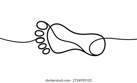 minimale durchgehende Strichzeichnung der menschlichen Fußsohle einzeln auf weißem Hintergrund, abstrakte schwarze Strichgrafik für Podiatrie- und Wellnesskonzept