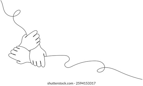 A minimal continuous line drawing illustrating three hands joined together, representing unity, support, and collaboration, ideal for conveying messages of teamwork and community.