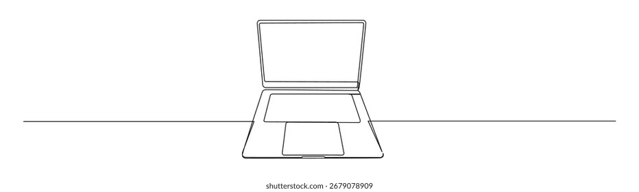 Desenho de linha contínua mínimo de um notebook aberto, em pé em uma superfície. Excelente para tecnologia, design ou temas de negócios.