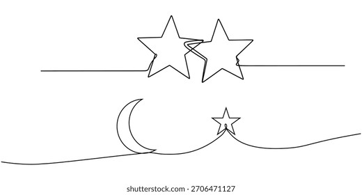 Minimal Continuous Line Drawing of Stars and Crescent Moon – Abstract One Line Art Illustration for Decorative and Creative Design