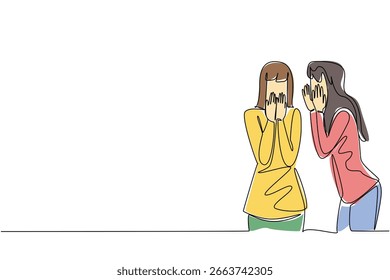 Desenho de linha contínua mínimo de duas mulheres compartilhando um segredo, expressando confiança, proximidade e amizade, ideal para obras de arte modernas com um tema de conceito de relacionamento social e interação.