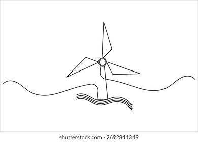 Desenho de linha contínua mínimo de uma turbina eólica sobre um fundo branco, simbolizando a energia renovável e a sustentabilidade