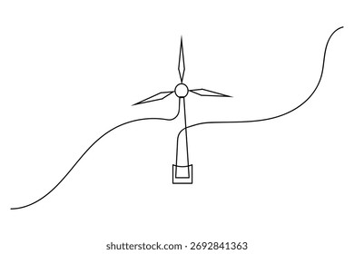 Desenho de linha contínua mínimo de uma turbina eólica sobre um fundo branco, simbolizando a energia renovável e a sustentabilidade