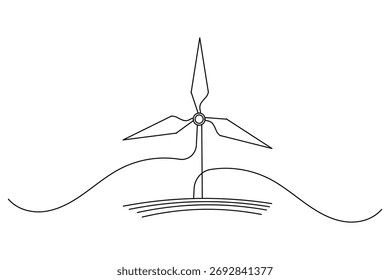 Minimal continuous line drawing of a wind turbine on a white background, symbolizing renewable energy and sustainability