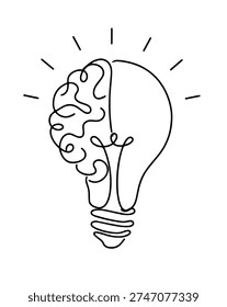 Minimal continuous line illustration combining a brain and light bulb to symbolize creativity, innovation, intelligence, and idea generation. Clean conceptual drawing suitable for startup branding, education graphics, business presentations, brainstorming concepts, and innovation marketing materials.