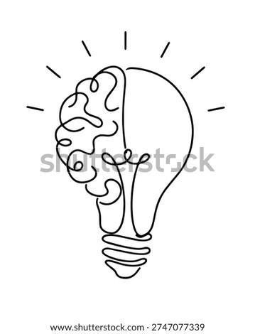 Minimal continuous line illustration combining a brain and light bulb to symbolize creativity, innovation, intelligence, and idea generation. Clean conceptual drawing suitable for startup branding, education graphics, business presentations, brainstorming concepts, and innovation marketing materials.