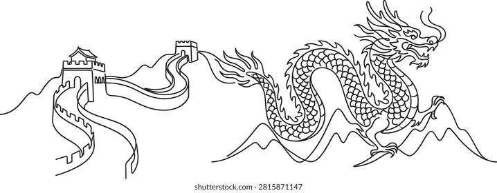 Minimal continuous line illustration featuring the Great Wall of China and a traditional Chinese dragon, symbolizing heritage, history, mythology, strength, and cultural identity. Ideal for travel, education, tourism, history, cultural events, branding, and editorial design.Minimal continuous line illustration featuring the Great Wall of China and a traditional Chinese dragon, symbolizing heritage, history, mythology, strength, and cultural identity. Ideal for travel, education, tourism, history, cultural events, branding, and editorial design.