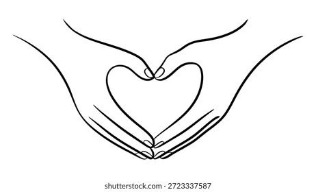 Ilustración de línea continua mínima de manos que forman la forma del corazón aislado en el fondo blanco que simboliza el amor, el cuidado, la unidad, la compasión y el concepto de conexión humana
