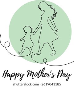 Minimal continuous line illustration of a mother and daughter celebrating Mother's Day, ideal for greeting cards, posters, and social media with mint green background. Happy Mother's Day Line Art.