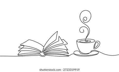 minimale durchgehende Liniengrafik von offenem Buch und dampfender Kaffeetasse einzeln auf weißem Hintergrund für Lesen, Bildung, Café und Lifestyle-Design