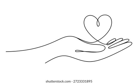 Ilustración de línea continua mínima de la mano abierta que sostiene el corazón aislado en el fondo blanco que simboliza el amor, el cuidado, la Asistencia, la caridad y el concepto de compasión