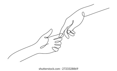 Ilustración de línea continua mínima de dos manos tocando las yemas de los dedos aisladas sobre fondo blanco que simbolizan la conexión, la Asistencia, el cuidado y el concepto de relación humana