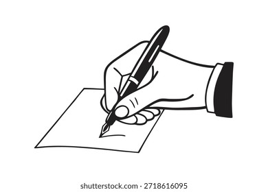 Minimal continuous line vector illustration of a hand holding a pen writing on paper. Clean minimalist outline art ideal for logos,posters,stationery,branding, presentations, and modern design project