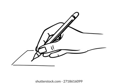 Minimale durchgehende Linienvektorgrafik einer Hand, die einen Stift hält, der auf Papier schreibt. Saubere, minimalistische Skizzen, ideal für Logos, Poster, Schreibwaren, Branding, Präsentationen und moderne Designprojekte