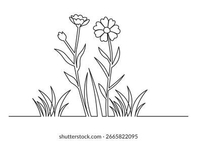 Minimal continuous one line art of grass and flower with abstract style, great for fashion prints, logo design, or artistic branding